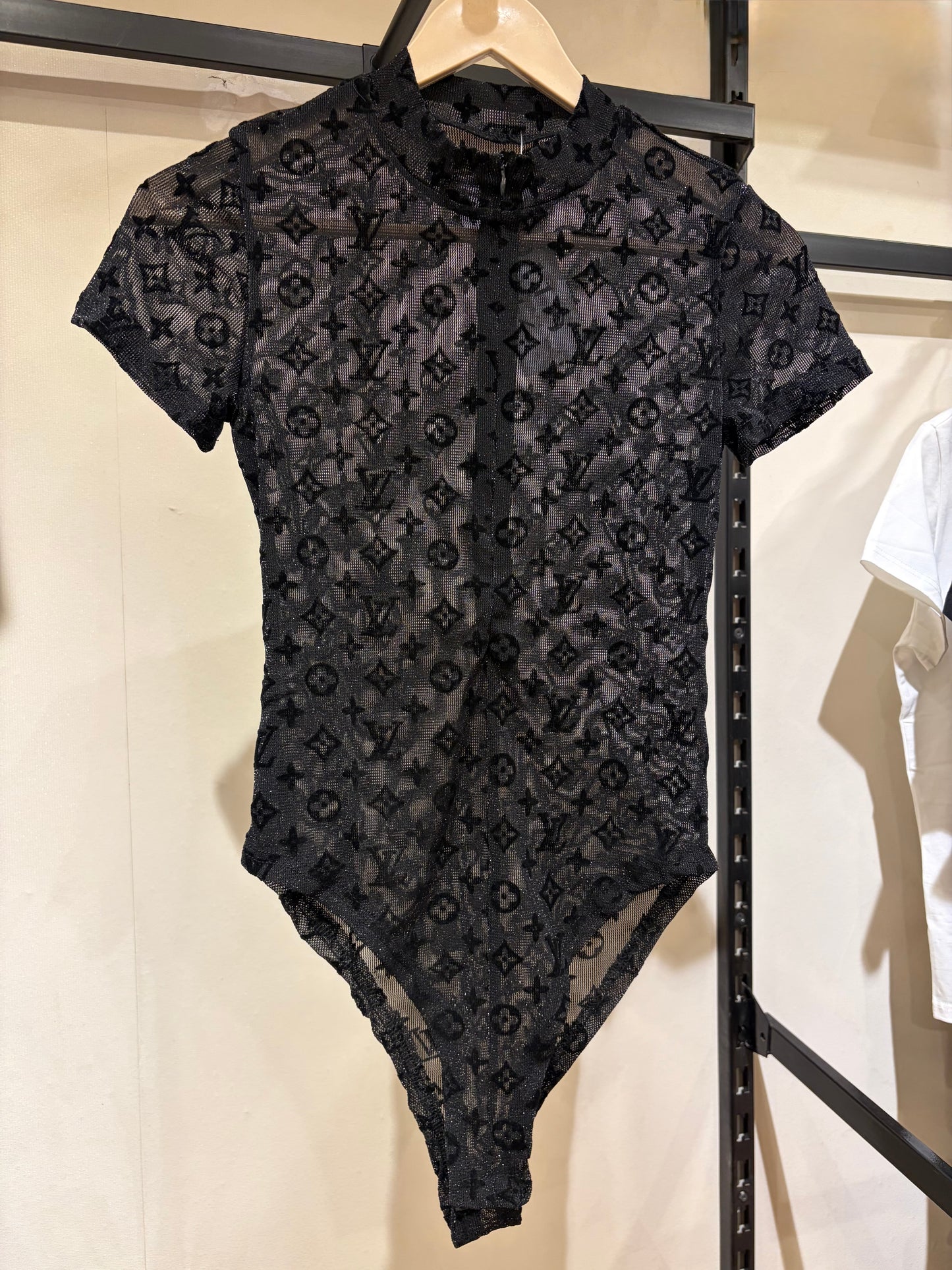 L V Tulle Half Sleeves Shiny Bodysuit