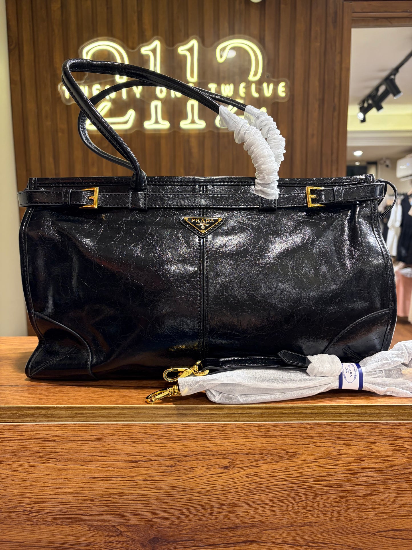 P R A D A Bonnie Large Leather Handbag