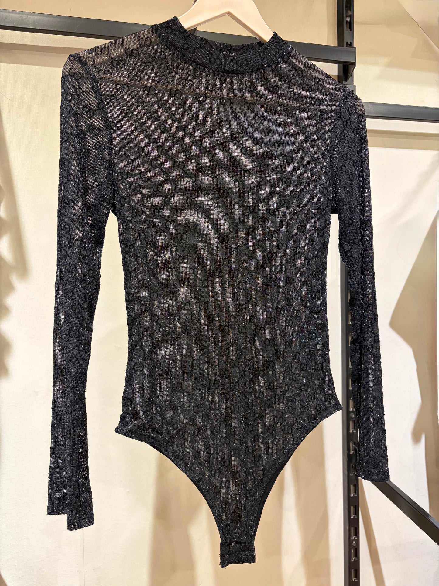 G U C C I Tulle Long Sleeves Shiny Bodysuit