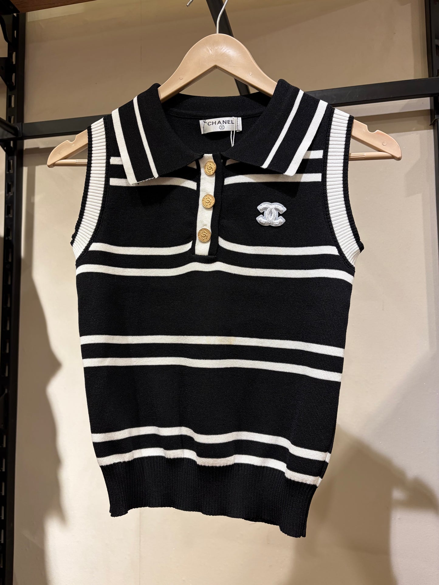 C H A N E L Striped Collar Neck Tanktop