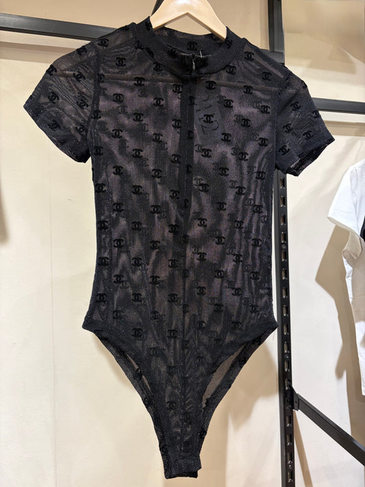 C H A N E L Tulle Half Sleeves Shiny Bodysuit