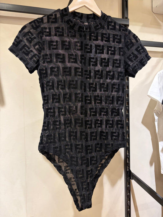 F E N D I Tulle Half Sleeves Shiny Bodysuit