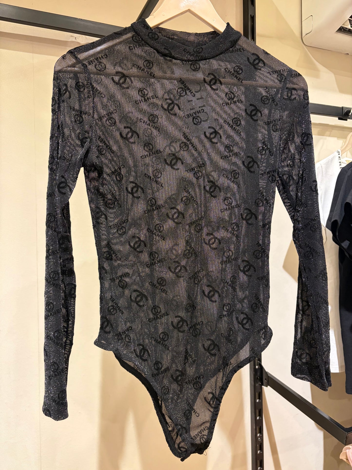 C H A N E L Tulle Long Sleeves Shiny Bodysuit