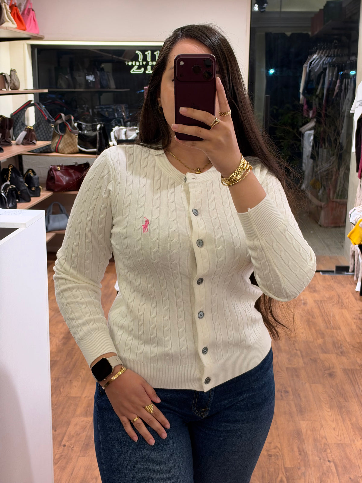 P O L O Cable-Knit Crewneck Cardigan