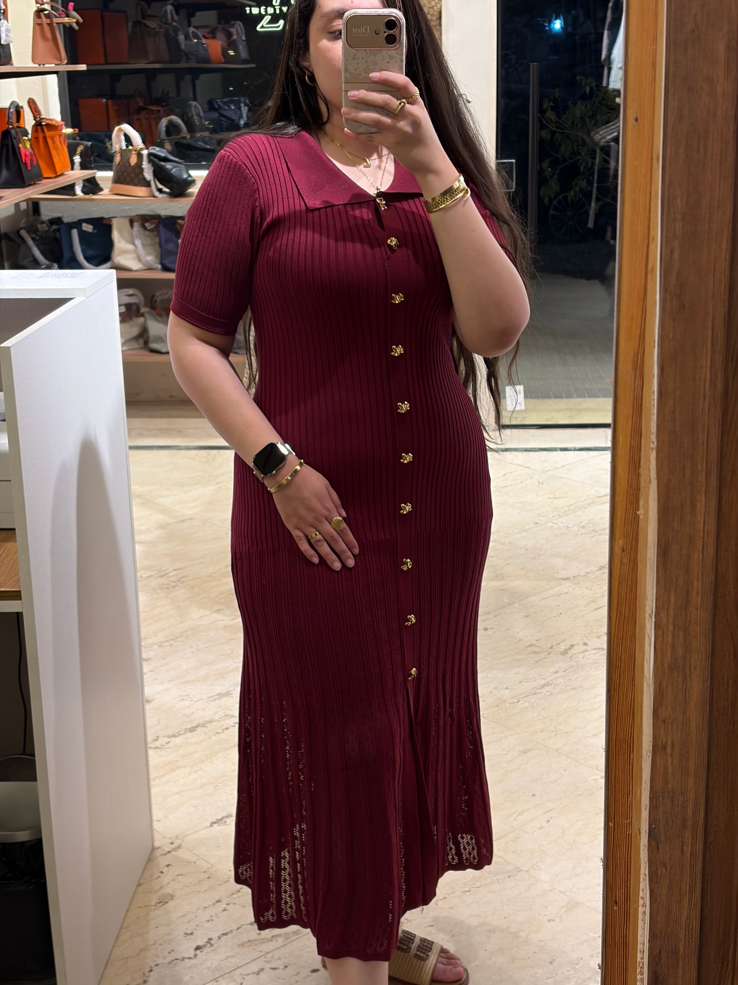 S A N D R O Knit Gold Button Dress