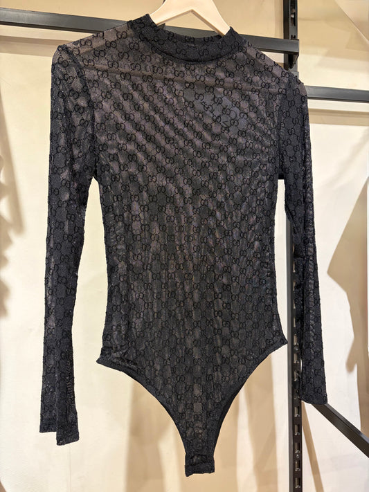 G U C C I Tulle Long Sleeves Shiny Bodysuit