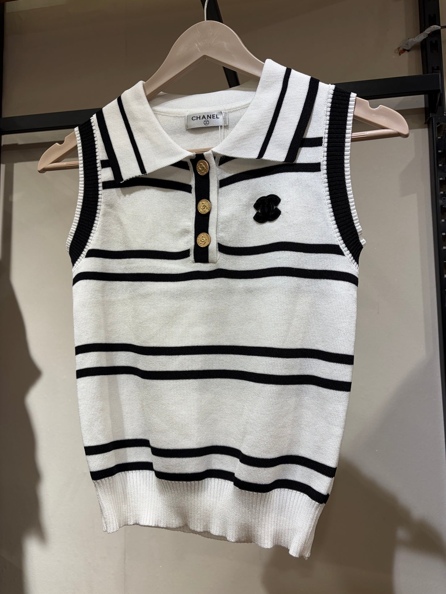 C H A N E L Striped Collar Neck Tanktop