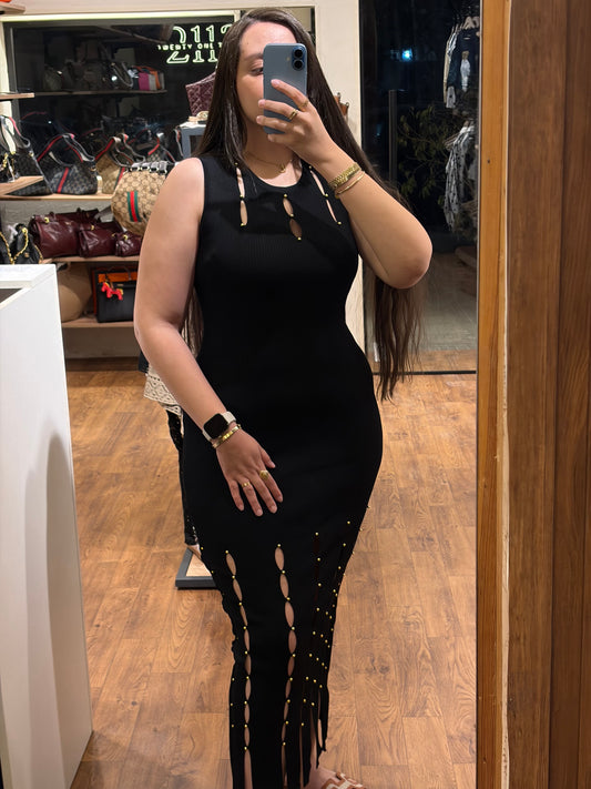 S A N D R O Gildana Embellished Cutout Knit Maxi Dress