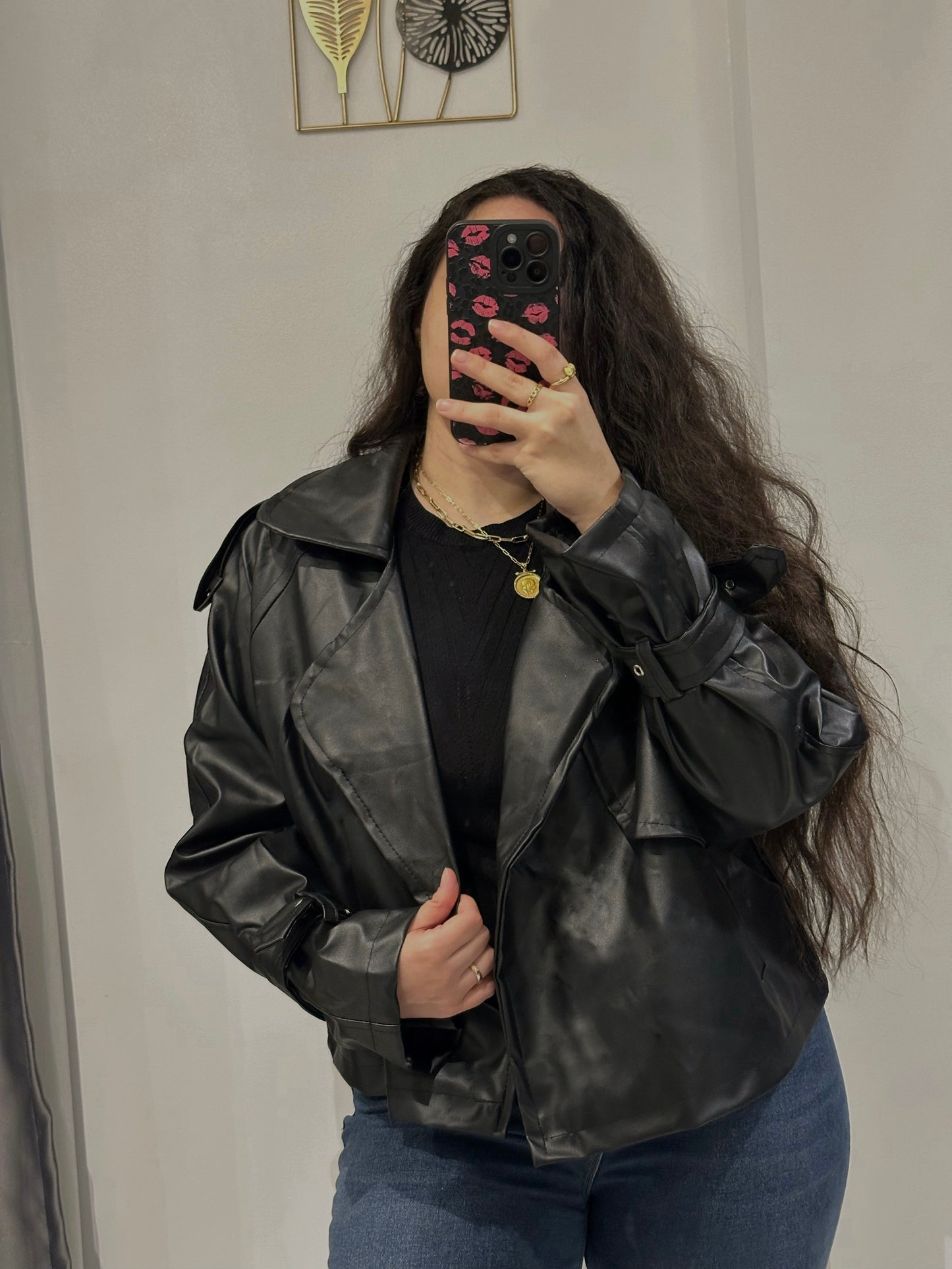 Oversized black leather jacket