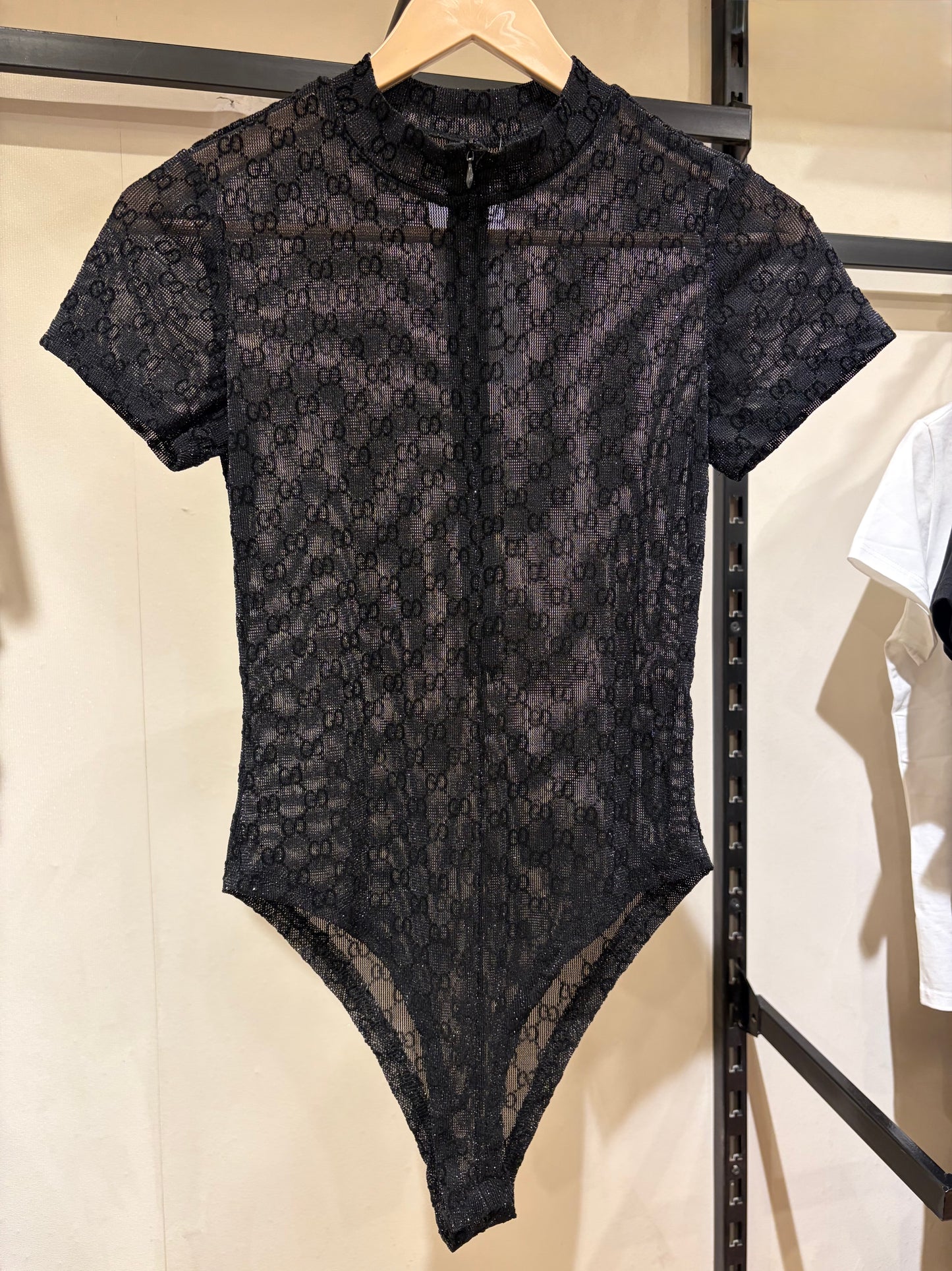 G U C C I Tulle Half Sleeves Shiny Bodysuit