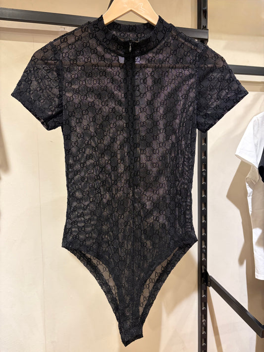 G U C C I Tulle Half Sleeves Shiny Bodysuit